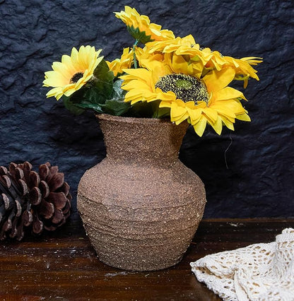 Rustic Pottery Ceramic Vase - Vintage Farmhouse Style Decor, White Grid Ceramic Vases for Home Decor, Modern Farmhouse Decor (Dark brown3)