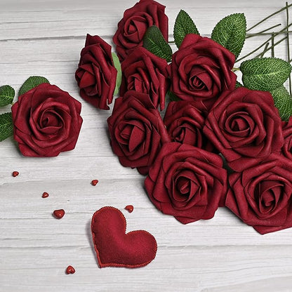 Mocoosy 50Pcs Burgundy Roses Artificial Flower, Burgundy Fake Roses for Decoration, Real Touch Foam Rose Bulk with Stem DIY Wedding Bouquet Centerpiece Floral Arrangement Bride Shower Party Home Decor