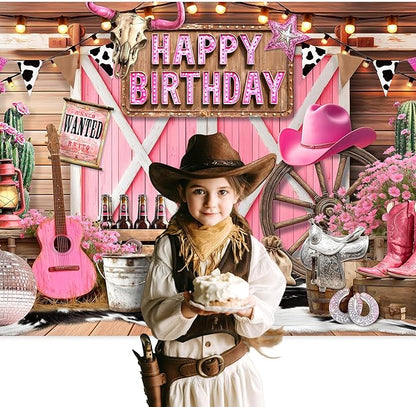 SVBright Western Cowgirl Happy Birthday Backdrop 7Wx5H Pink Barn Door Vintage Rustic Retro Wood Board Cactus Hat Boots Disco Cow Print Decorations Photography Background Banner Photo Booth Studio
