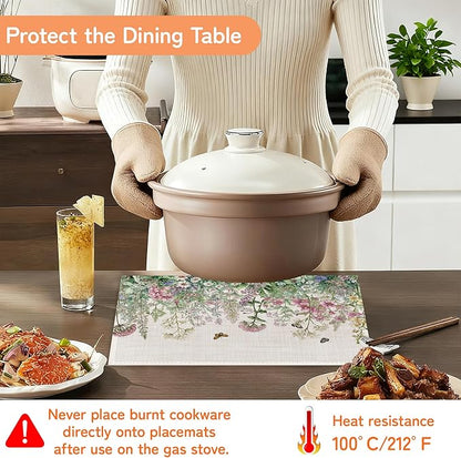 Vintage Wildflowers Placemats Set of 6,Butterfly Botanical Herbs Waterproof Heat Resistant Dining Table Plate Mat for Home Kitchen Dining Table 12x18Inch