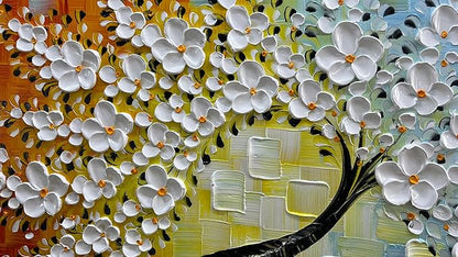YaSheng Art -hand painted White Flowers Paintings Oil Painting On Canvas Abstract Texture Palette Knife Tree Paintings Modern Home living room Bedroom Dining Room Wall Decor Ready to hang 20x40inch