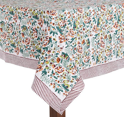 ATOSII Ambrosia Green 100% Cotton Rectangle Fall Tablecloth, Handblock Floral Print Linen Table Cloth for Kitchen Dining I Parties, Outdoors, Christmas, Thanksgiving I 72 X 120 Inches I 10 Seater
