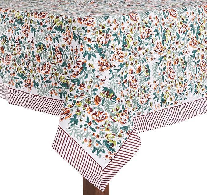 ATOSII Ambrosia Green 100% Cotton Square Fall Tablecloth, Handblock Floral Print Linen Table Cloth for Kitchen Dining I Weddings, Outdoors, Christmas, Thanksgiving Fall Decor 60 X 60 Inches I 4 Seater