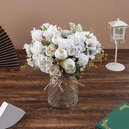 Aitificial LED White Rose Flowers with Glass Vase, Flower Arrangement for Table Centerpiece, Home Office Wedding Decoration