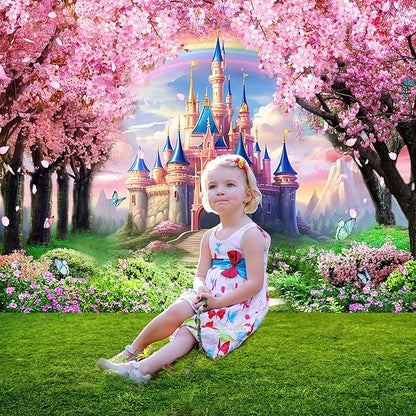 Riyidecor Princess Castle Backdrop Vinyl Pink Sakura Rainbow Flowers Floral Fantasy Fairy Tale Wonderland 10Wx8H Feet Butterfly Photography Background Birthday Wedding Party Photo Studio Shoot