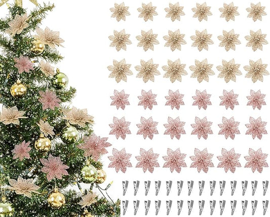 Boao Champagne,Rose Gold 24 Pieces Poinsettia Flower Christmas Glitter Artificial Poinsettia with Clips Christmas Tree Ornament Decorations for DIY Xmas Wreath Holiday Home Party Decor, 3/4/6 Inches