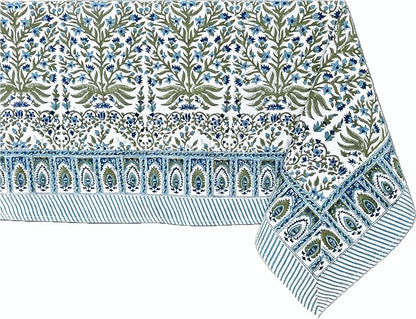 ATOSII Nargis Blue 100% Cotton Rectangle Summer Tablecloth, Indian Block Print Floral Table Cloth I Dining Parties Weddings Outdoors Holidays 60 X 90 Inches 6 Seater I Grandmillennial Farmhouse Boho