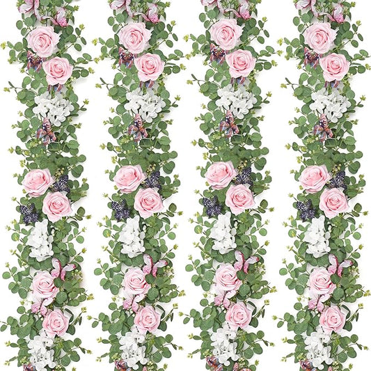 4PCS 5.9Ft Artificial Flower Garland Fake Rose Hydrangea Vines with Butterflies Hanging Floral Flowers Greenery Eucalyptus Garland for Wedding Home Party Room Table Backdrop Decor (Pink, 4PCS)