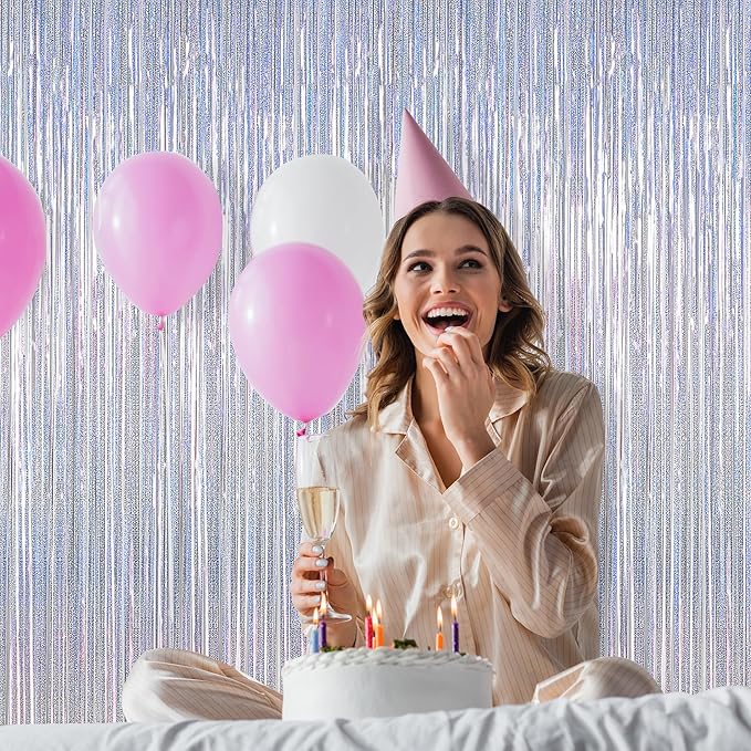 2 Pack New Year Party Decorations, 3.28 FT x 7.05 FT Glitter Silver Fringe Curtains, Metallic Party Streamer Tinsel Backdrop Foil Curtains, NYE Party Supplies Engagement Decor