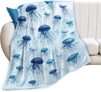 Jellyfish Blanket Marine Life Throw Blanket Blue Ocean Sea Soft Cozy Fleece Sealife Fuzzy Stuffed Plush Animal Flannel Gifts for Girls Women Boys Kids Adults 50"X60"