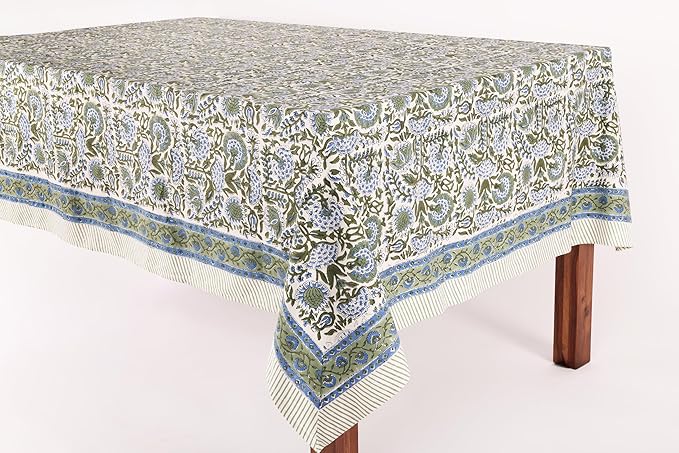 ATOSII Clover Blue 100% Cotton Rectangle Tablecloth, Handblock Floral Print Linen Table Cloth for Kitchen Dining I Parties, Outdoors, Fall Christmas Thanksgiving Holidays I 72 X 108 Inches I 8 Seater