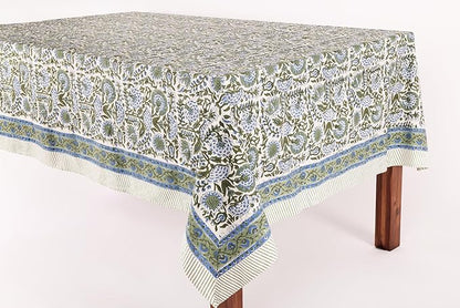 ATOSII Clover Blue 100% Cotton Rectangle Spring Tablecloth, Handblock Floral Linen Table Cloth for Kitchen Dining Table I Parties Weddings Outdoors Easter Home Decor 72 X 120 Inches I 10 Seater