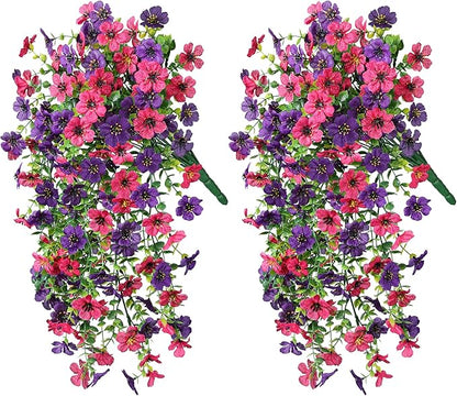 Artificial Faux Hanging Flowers Plants for Spring Outdoor Outside Decoration, 2 PCS Fake Silk Daisy with Eucalyptus UV Resistant Realistic Trailing Vines for Balcony Patio Porch (Darkpurple+Hotpink)