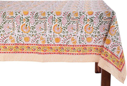 ATOSII Clover Yellow 100% Cotton Rectangle Fall Tablecloth, Handblock Floral Print Linen Table Cloth for Kitchen Dining I Parties, Weddings, Outdoors, Christmas, Thanksgiving Decor 60 X 108 Inches
