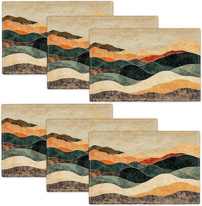 Southwestern Placemats Set of 6, Colorful Art Place Mats, Rustic Mountain Painting Dining Table Mats, Washable Abstract Modern Placemats for Kitchen Dining Room 18L'' × 12W''