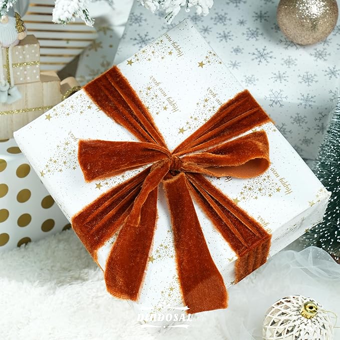 Copper Velvet Ribbon 1.5 inch Copper Frayed Velvet Ribbon Raw Edge Ribbon for Wreaths, Christmas Thanksgiving Decor, Flower Bouquet, Gift Wrapping, Bows Making-3 Yards