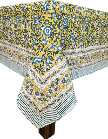 ATOSII Marigold Blue Yellow 100% Cotton Fall Tablecloth, Handblock Print Square Table Cover for Kitchen Dining Linen I Parties, Weddings, Outdoors, Easter Table Decor 60 X 60 Inches I 4 Seater