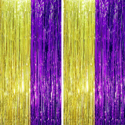 2 Pack Purple and Gold Foil Fringe Backdrop Curtains, Tinsel Streamers Party Decorations, Fringe Backdrop, Door Shimmer for Graduation or Birthday Party