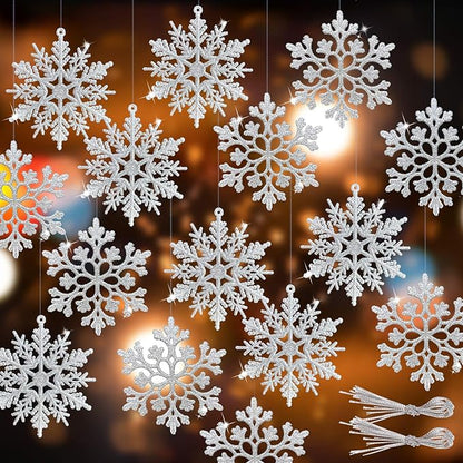 RECUTMS 40 Piece Glitter Snowflake Plastic Ornaments - Silver & White, 4 Inch Snowflake Hanging Decorations for Christmas Tree
