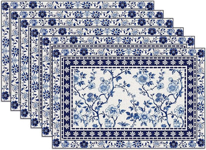 Blue White Floral Placemats Set of 6, Chinoiserie Flower Linen Place Mat Washable Stain Resistant Table Mats for Farmhouse Kitchen Dining 12x18 Inch
