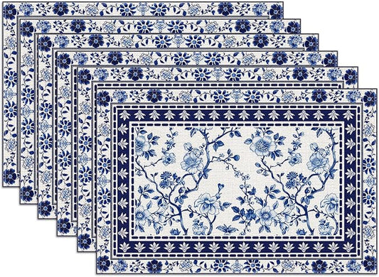 Blue White Floral Placemats Set of 6, Chinoiserie Flower Linen Place Mat Washable Stain Resistant Table Mats for Farmhouse Kitchen Dining 12x18 Inch