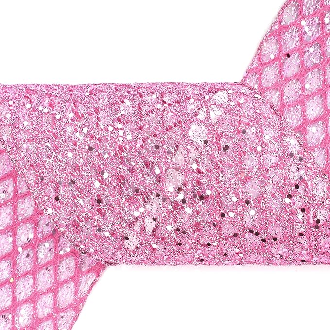 VATIN 6" Pink Christmas Ribbon, Pink Glitter Mesh Diamond Web Sequin Dots Wired Christmas Ribbon for Gift Wrapping Bow Making Wreath Supply-10 Yards