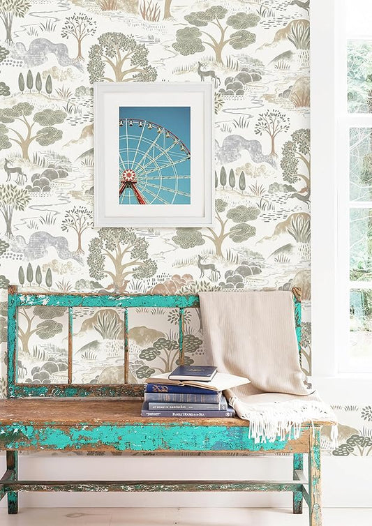 Erfoni 16.9"x197" Boho Forest Peel and Stick Wallpaper Green/Brown/White Contact Paper Forest Self Adhsive Peel and Stick Contact Paper DIY Removable Wallpaper for Bedroom Kids Nursery Decor