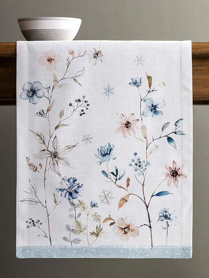 Maison d' Hermine Table Runner 100% Cotton Single Layer Table Runners 108 inches Long for Thanksgiving Christmas Decorations Home Kitchen Dining Party Wedding (Ice Florals, 14.5" x 108")