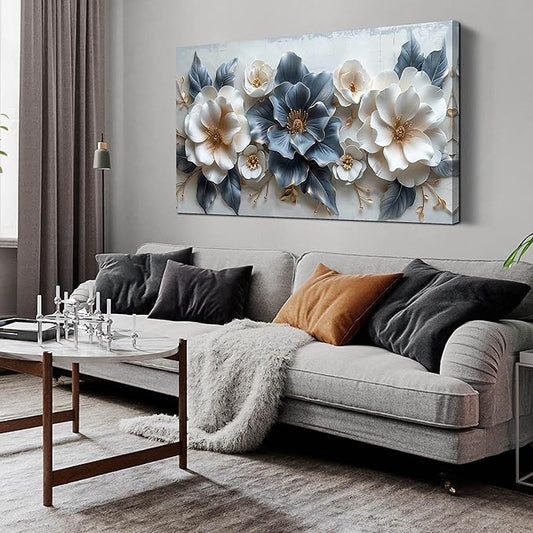 Blue and White Flower Pictures for Living Room Teen Bedroom Decor for Girls Wall Art for Women Office Decor Size 24" x 48"