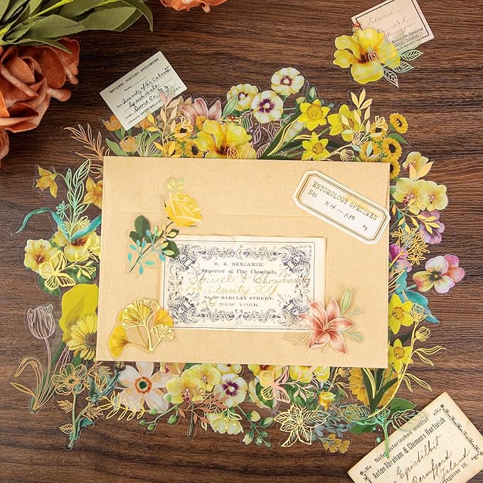 240Pcs Transparent Flower Stickers, Cute Vintage Floral Sticker for Kids, Clear Wildflower Stickers for Water Bottles, Scrapbooking, Card Making, Crafts, Laptop