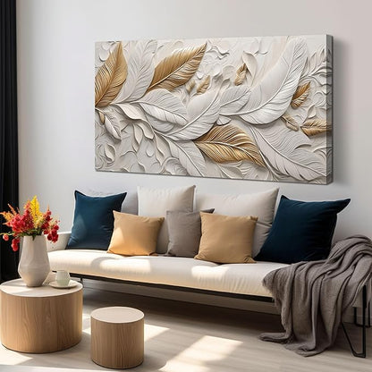 Feather Canvas Wall Art for Bedroom - White and Gold Pictures for Living Room - Modern Art Wall Decor for Office Size 29" x 59"