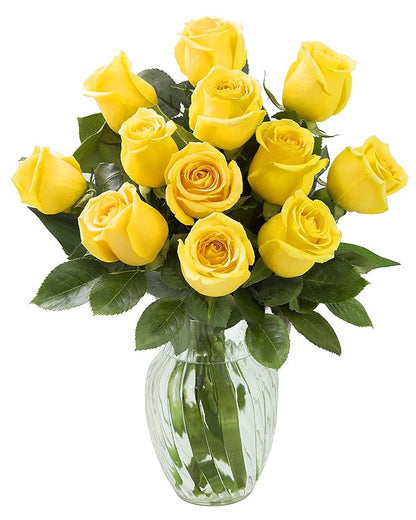 Blooms2Door PRIME NEXT DAY DELIVERY - Fall Collection - Yellow Sunshine Bouquet of 12 Yellow Roses with Vase|.Gift for Birthday, Thank You, Valentine, Mother’s Day Fresh Flowers