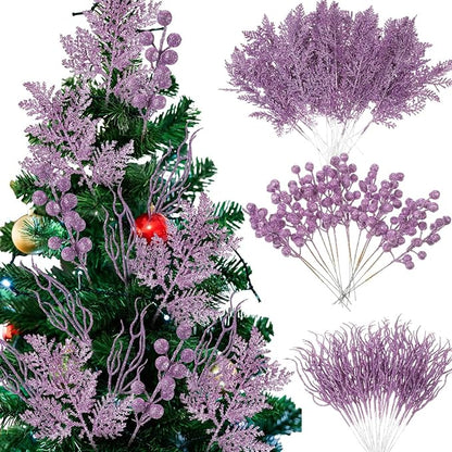 75 Pcs Christmas Glitter Branches 3 Styles Artificial Christmas Picks Berries Stems Pine Needles Floral Twig Spray for Xmas Tree Ornaments DIY Wreath Garland(Light Purple)