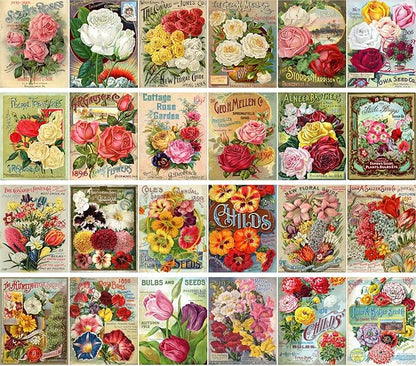 Large Stickers (24 pcs 2.5"x3.5") Flowers Vintage Seed Pockets Gardens and Roses