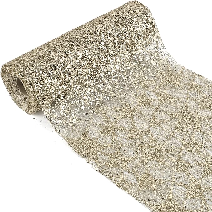 MEEDEE Champagne Gold Glitter Mesh Star Web Ribbon 10 Inch Wide by 10 Yards Roll Champagne Fabric Ribbon Decorative Champagne Mesh Ribbon for Christmas Tree, Garland, Holiday Wreaths, Bows