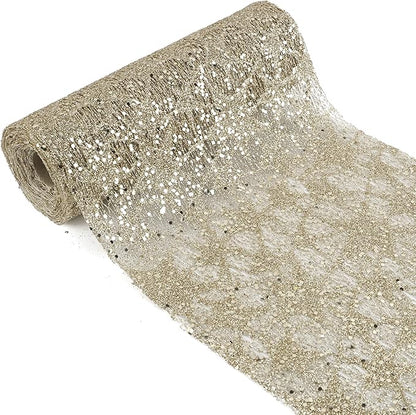 MEEDEE Champagne Gold Glitter Mesh Star Web Ribbon 10 Inch Wide by 10 Yards Roll Champagne Fabric Ribbon Decorative Champagne Mesh Ribbon for Christmas Tree, Garland, Holiday Wreaths, Bows