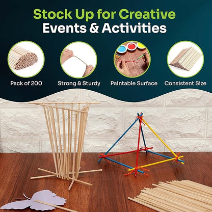 Mart Cobra Wooden Dowel Rods - 200 Pack– 1/8" x 6" Precut Birch Hardwood Dowels, Craft Sticks – Smooth, Food Safe – Small Wood Rods for Art, Crafting, Modeling, Centerpieces, Lollipop Sticks for Craft