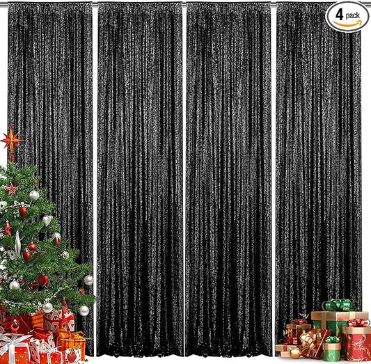 Black Sequin Backdrop Curtain 4 Pieces 2FTx8FT Glitter Photography Backdrop for Party Wedding Birthday Christmas Decorations
