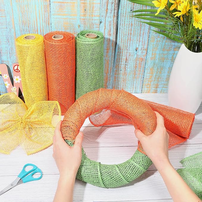 Chuangdi 4 Rolls Fall Poly Burlap Mesh Poly Burlap Deco Ribbon Mesh Roll for Autumn Thanksgiving Easter DIY Flower Wreath Garland, 10 Inch