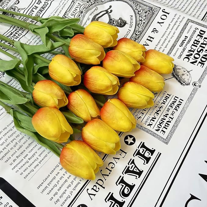 UKELER Tulips Artificial Flowers Bulk 24 Pcs DIY Wreath Real Touch Artificial Tulip Flowers for Home Kitchen Wedding Birthday Party Decorations, Orange&Yellow