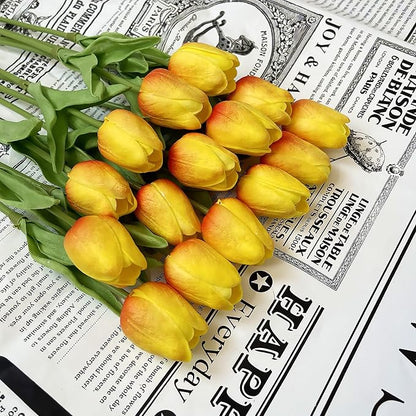 UKELER Tulips Artificial Flowers Bulk 24 Pcs DIY Wreath Real Touch Artificial Tulip Flowers for Home Kitchen Wedding Birthday Party Decorations, Orange&Yellow