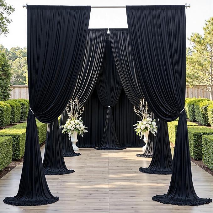 PartyVillage 60ft×15ft Black Backdrop Curtain for Wedding Parties, 12 Panels Wrinkle Free 15 FT Long Polyester Photo Backdrop Drapes Back Drop Cloth for Birthday Photography Background