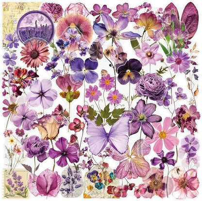 Transparent Aesthetic Purple Flowers Stickers 50 PCS, Waterproof Vinyl Decals for Tumblr, Water Bottles, Laptops, Journals, Scrapbooking, Cute Decorative Stickers for Teens, Girls & Adults