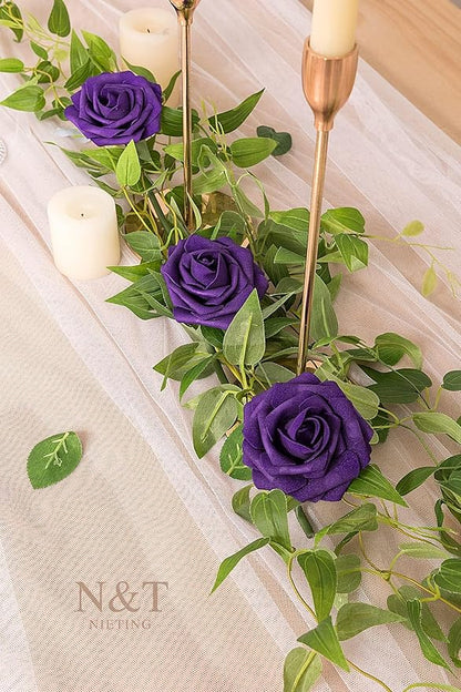 N&T NIETING Artificial Flowers 50pcs Real Looking Dusty Purple Foam Fake Roses with Stems for DIY Wedding Bouquets Bridal Shower Centerpieces Arrangements Party Tables Decorations