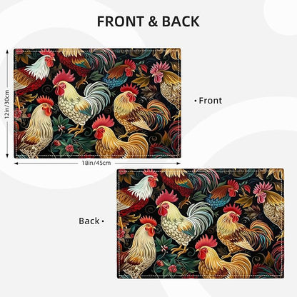 Rooster Placemats Set of 6 Rustic Country Farm Chicken Table Mats Washable Place Mats for Home Party Indoor Kitchen Dining Table Decoration 12x18 Inch