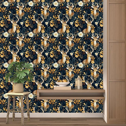 Deer Wallpaper Peel and Stick Vintage Blue Gold Floral Wallpaper Contact Paper 17.5" × 118" Waterproof Vinyl Self Adhesive Dark Wall Paper for Bedroom Walls Cabinet Locker Decor