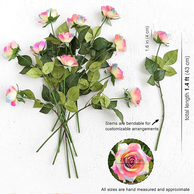 Rainbow Artificial Roses – 12 Faux Silk Stems with Real‑Touch Feel – Gift‑Ready Box + Jute Ribbon – Bendable Wire Stems for Wedding Bouquets, Home Décor, Centerpieces & DIY Arrangements