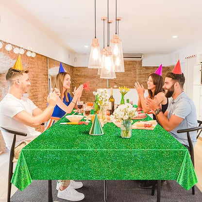 1 pcs Green Holographic Laser Tablecloth 40" x 108" Christmas Table Cloth Shimmer Shining Plastic Metallic Table Cover for Jungle Safari Wild One Baby Shower Birthday Party Decoration Supplies