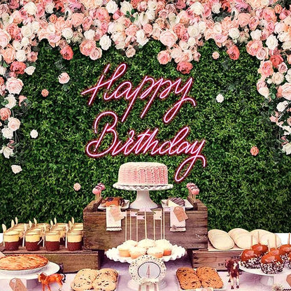 Riyidecor Green Leaves Happy Birthday Backdrop Polyester Fabric Neon Pink Floral Rose Flower Blossom Botanical Plant Nature 8Wx6H Feet Girls Women Photography Background Birthday Photo Studio Shoot