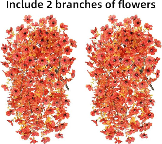 INSPRING Fall Artificial Flowers for Outdoors Fake Silk Flower, 2Pcs Red Orange Daisy Autumn Decor, Realistic Hanging Decoration Plants, UV & Fading Resistant for Porch Patio Balcony Planter